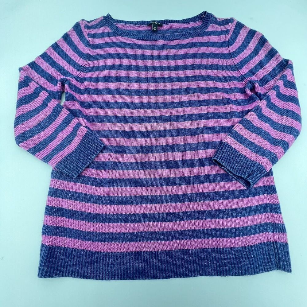 Talbots Women’s Petite L 100% LINEN Knit Boatneck Sweater Striped Pink Navy Blue